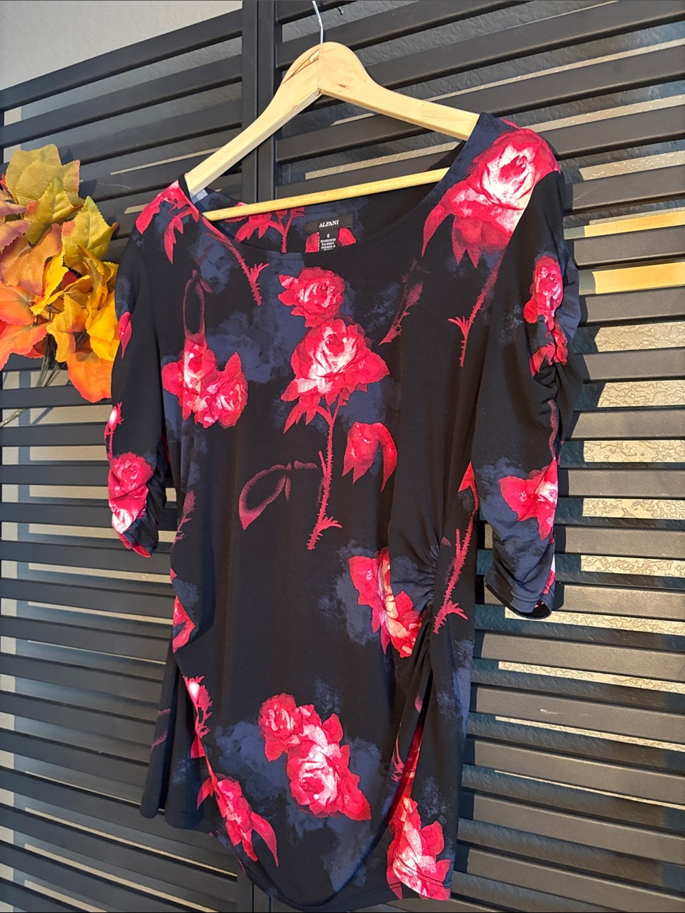 Alfani Black Tunic with Red Rose Print